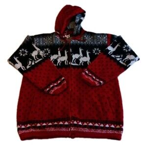 Andes Alpaca Wool M  Full Zip Hooded Sweater Multicolor Llama Print L- XL